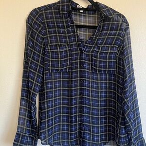 Express Blue and Black Plaid Button Down Portofino Shirt